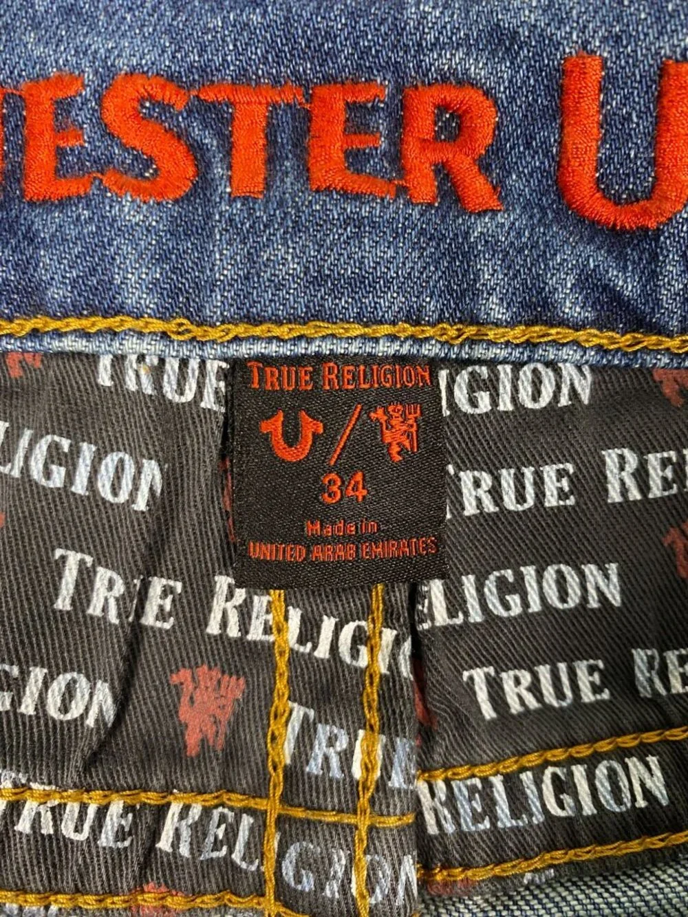 True Religion Manchester United Mens Blue Straight-Leg Denim Jeans 34 Embroidere